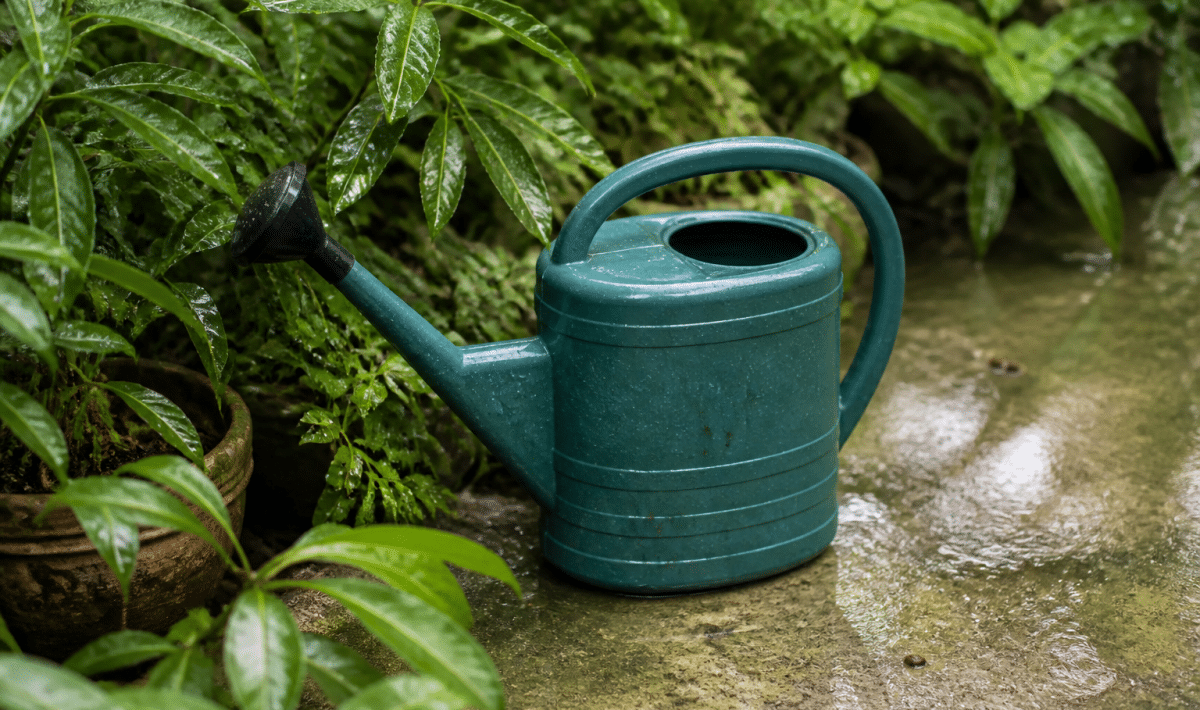 Arrosoir pose sur sol humide pres plantes vertes
