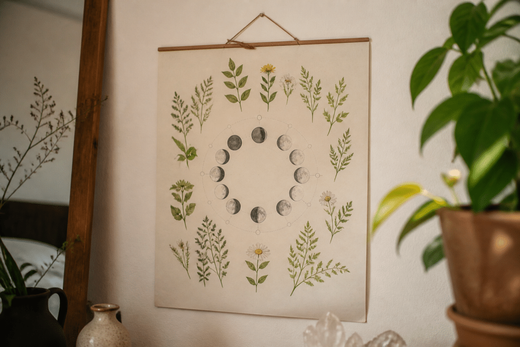 Calendrier avec phases lunaires et symboles de plantes