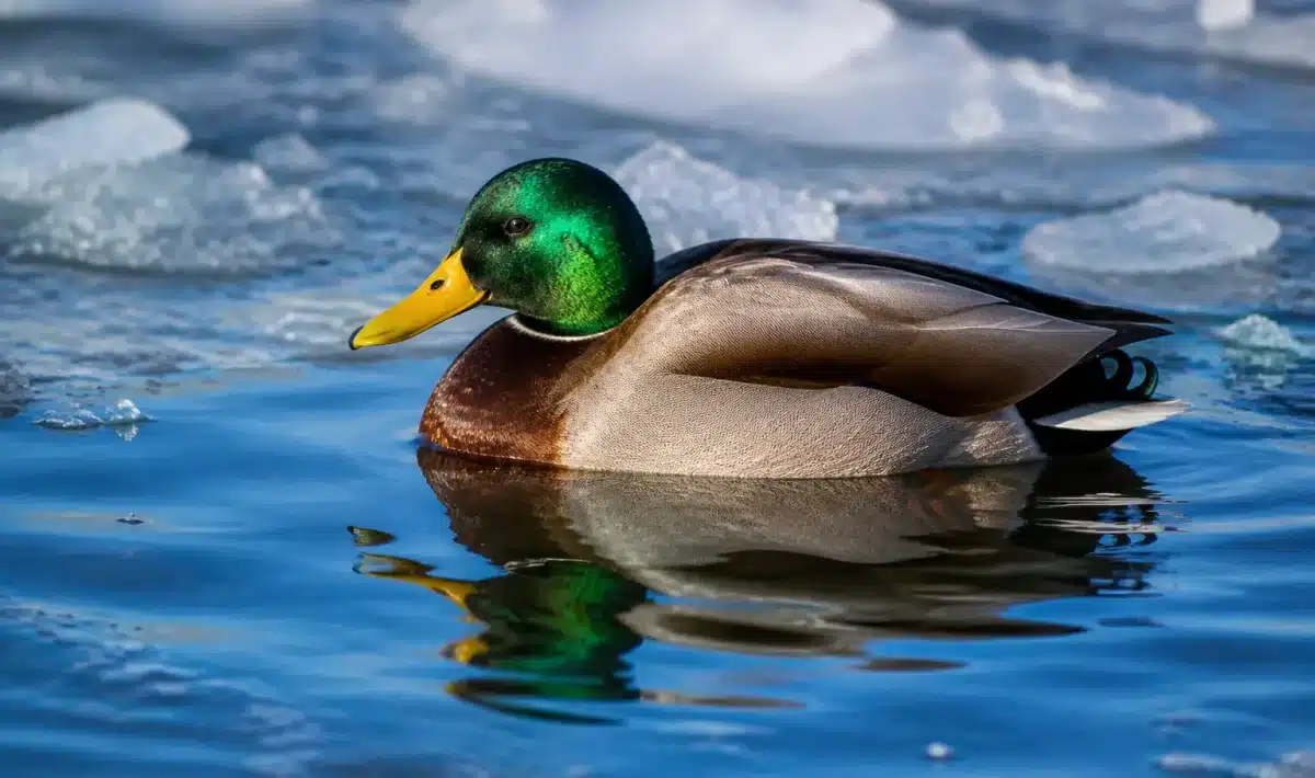 Canard flottant sur eau glacée, pattes immergées sans geler