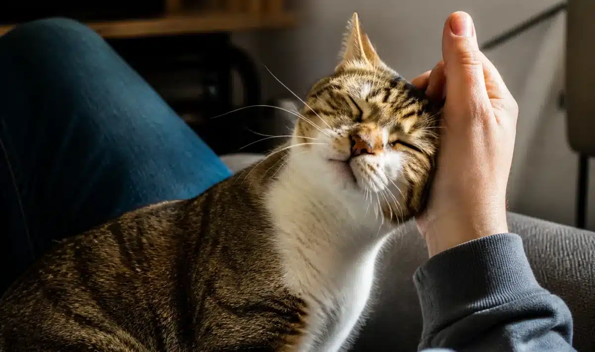 Chat frotte sa tete contre la main de son proprietaire assis