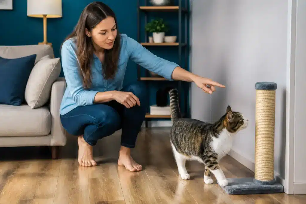 Proprietaire redirigeant chat vers griffoir au lieu du canape