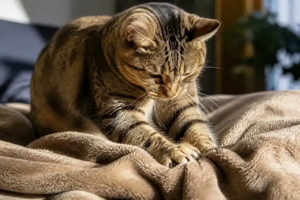 Chat pressant ses pattes sur couverture molle