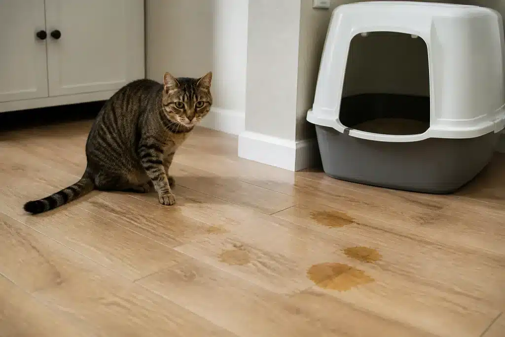 Chat évitant sa litière avec traces d'urine visibles