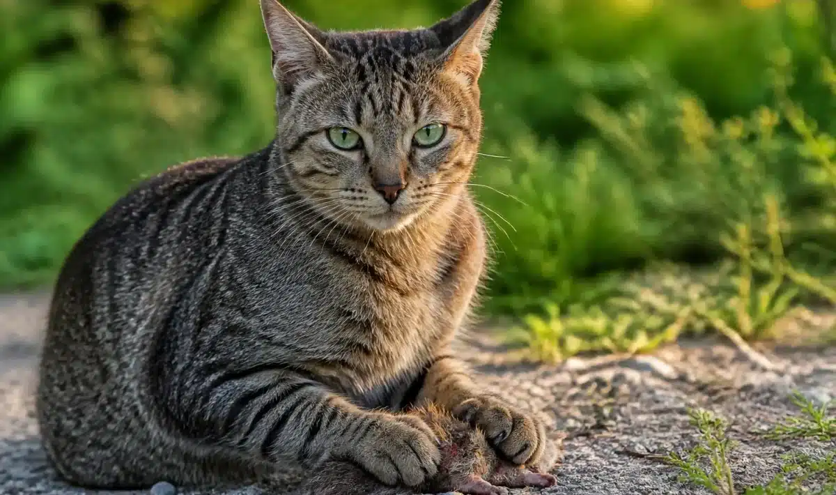Chat assis tenant proie morte entre ses pattes
