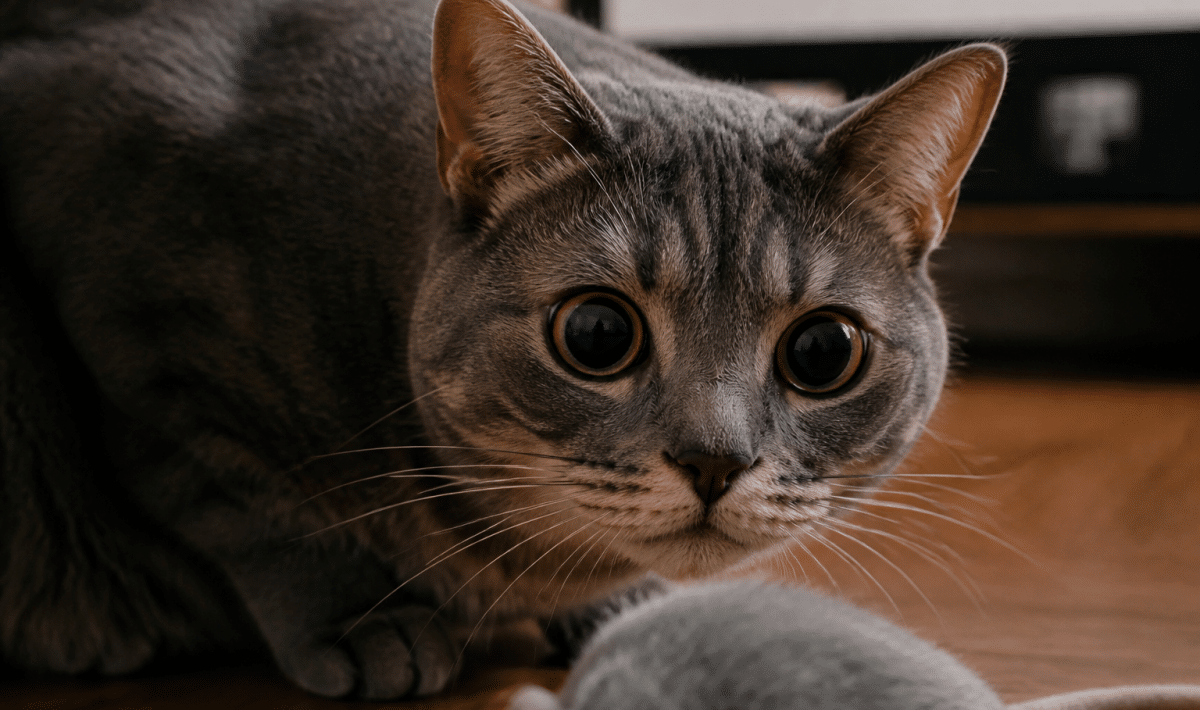 Chat regardant fixement objet proche avec yeux dilates largement ouverts