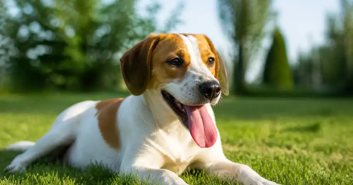 Chien allongé halètant avec langue sortie par grande chaleur