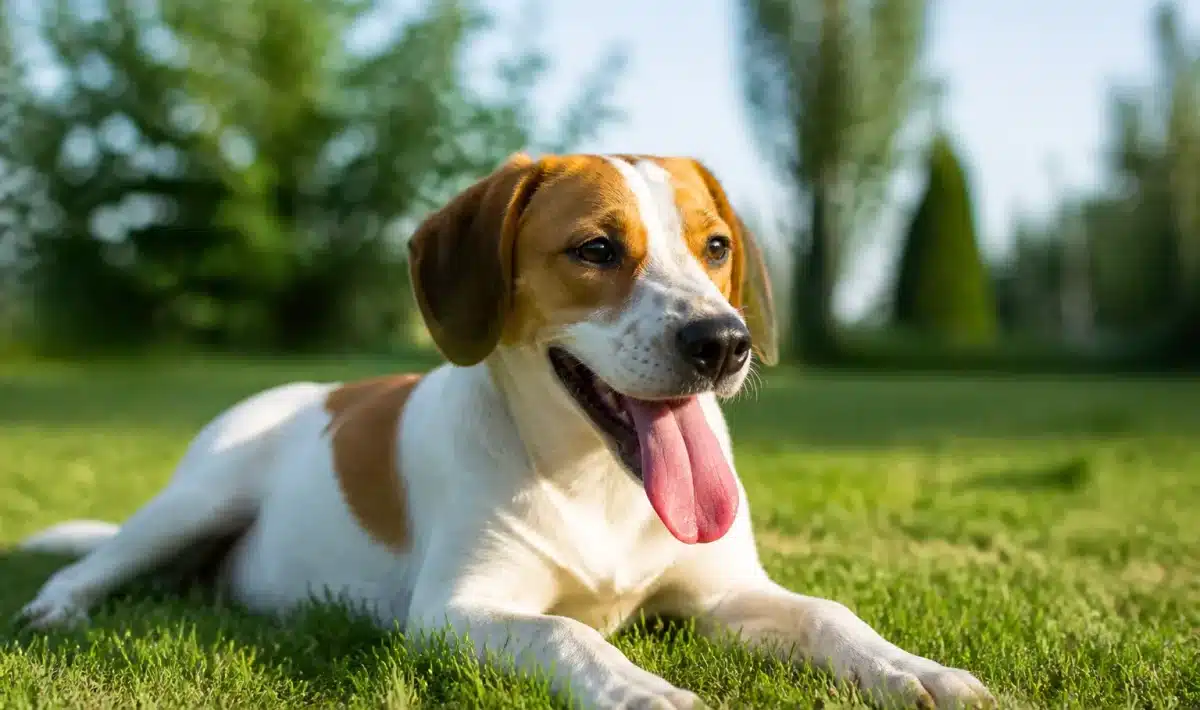 Chien allongé halètant avec langue sortie par grande chaleur