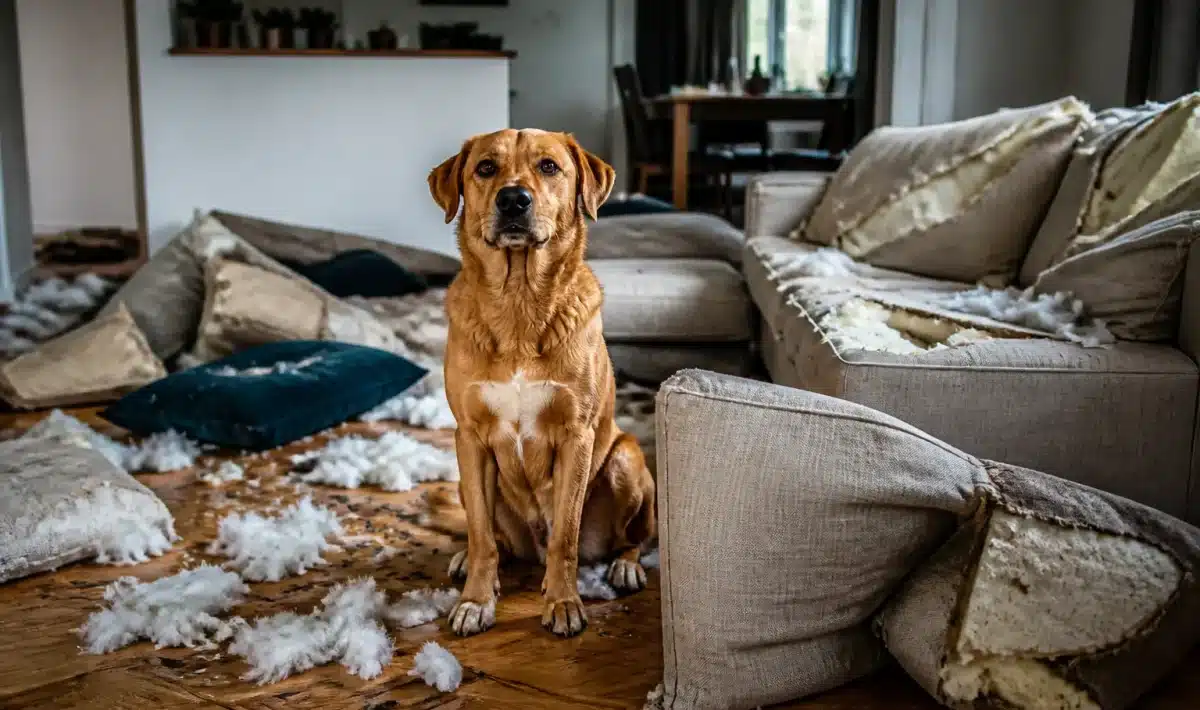 Chien assis seul dans salon detruit coussins canape disperses