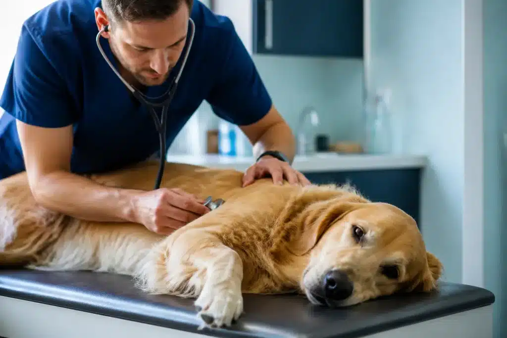 Chien allongé chez veterinaire recevant examen clinique attentif