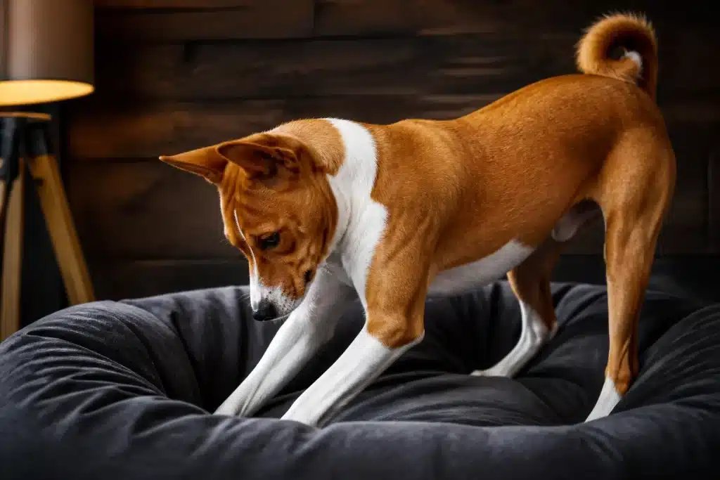 Chien grattant son lit avec ses pattes avant