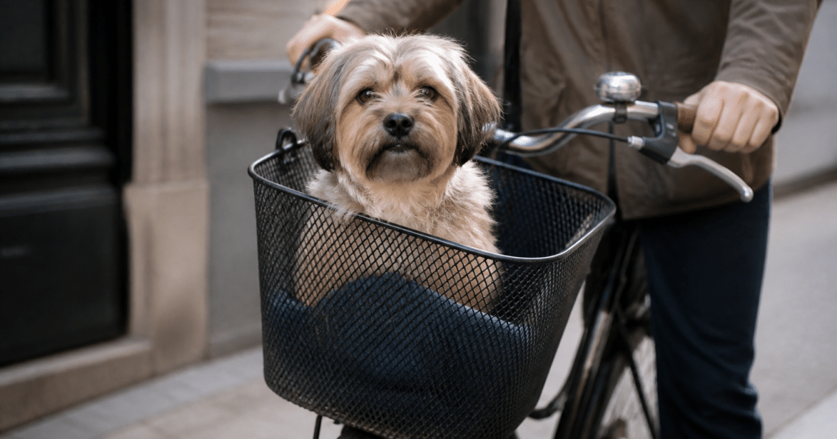 Petit chien assis dans panier avant velo