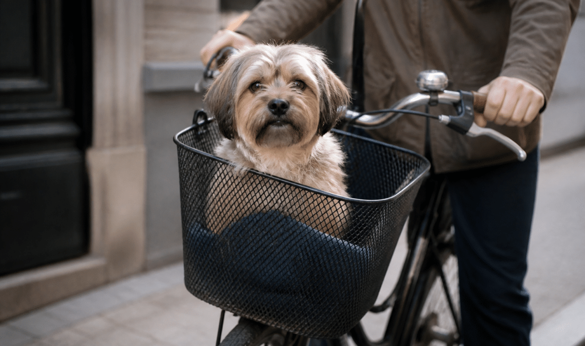 Petit chien assis dans panier avant velo
