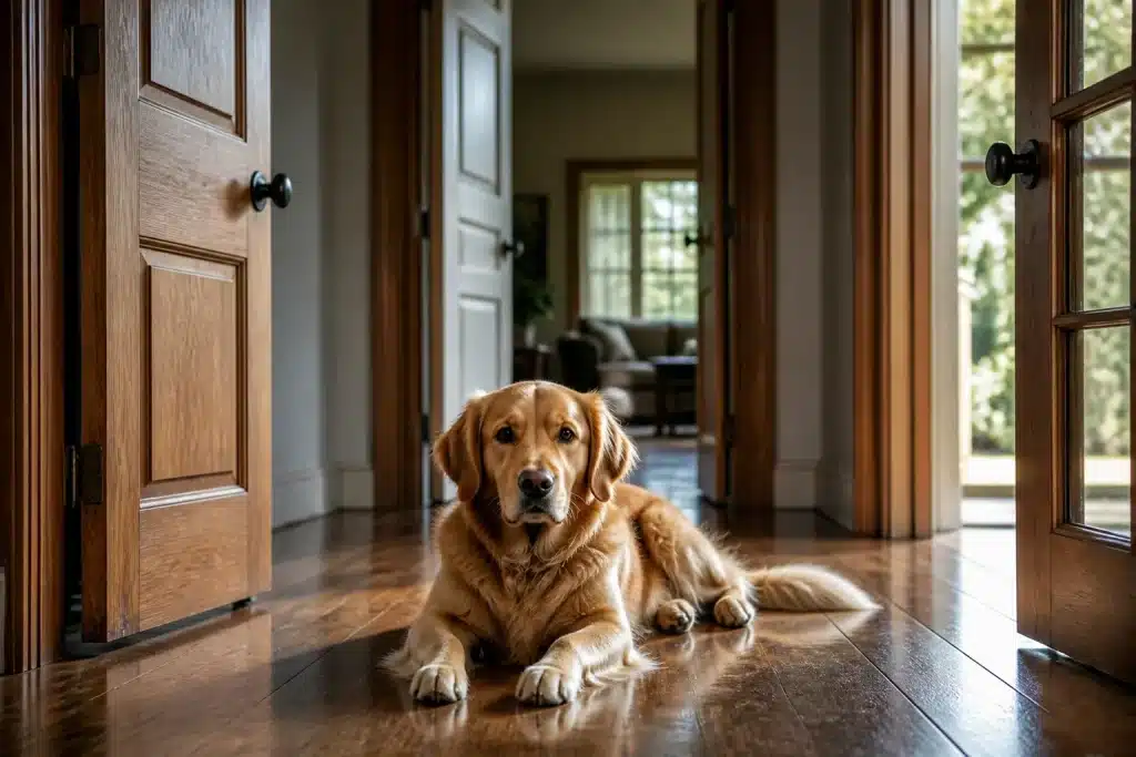 Chien seul dans maison avec portes ouvertes