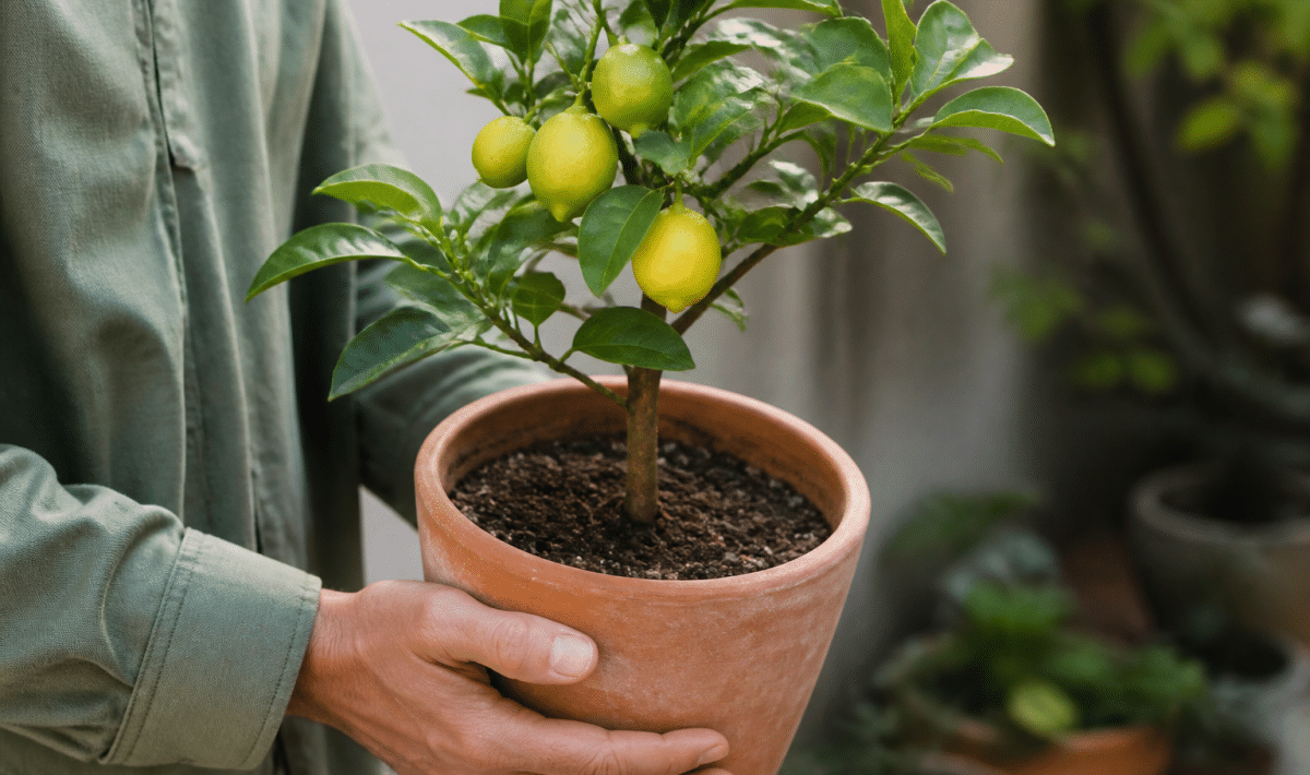 Mains tenant petit citronnier verdoyant dans pot terracotta