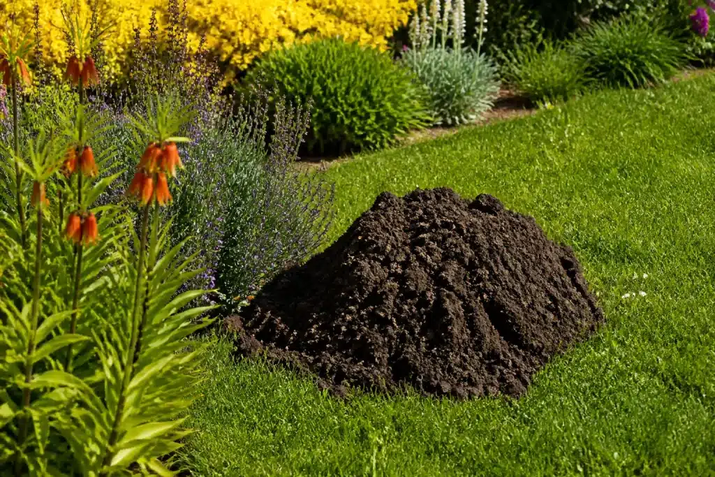 Jardin printemps avec taupiniere terre soulevee et plantes repulsives