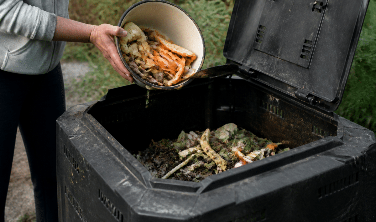 Mains versant dechets organiques dans bac compost ouvert