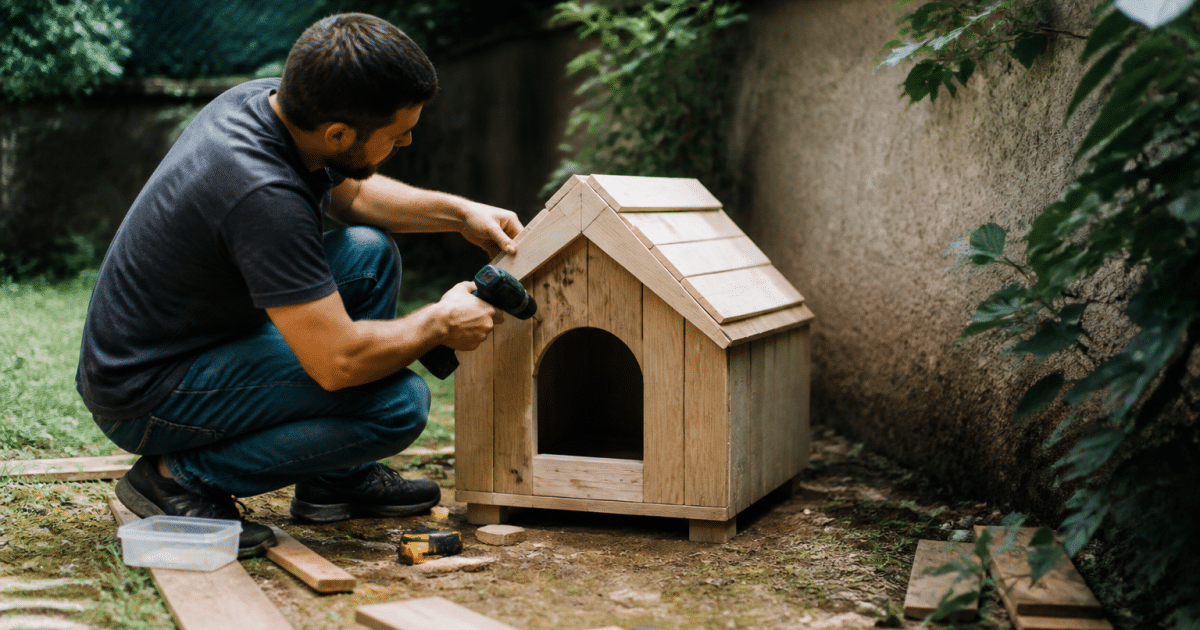 Personne construisant une petite maison en bois pour chien