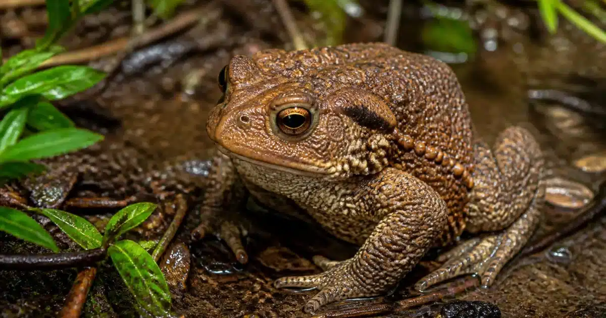 Crapaud assis immobile sur sol humide du jardin
