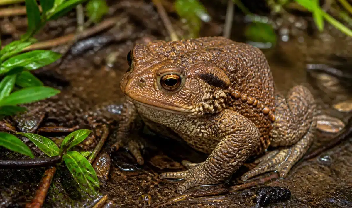 Crapaud assis immobile sur sol humide du jardin