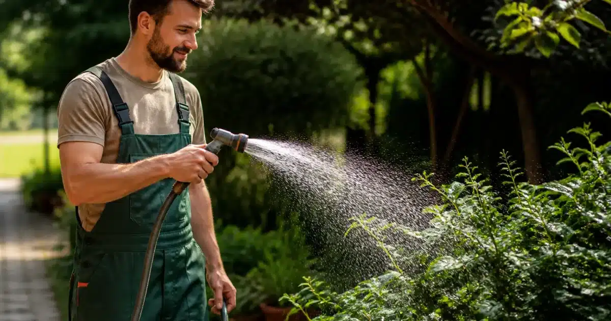 Jardinier tenant tuyau arrosage dirigé vers plantes vertes