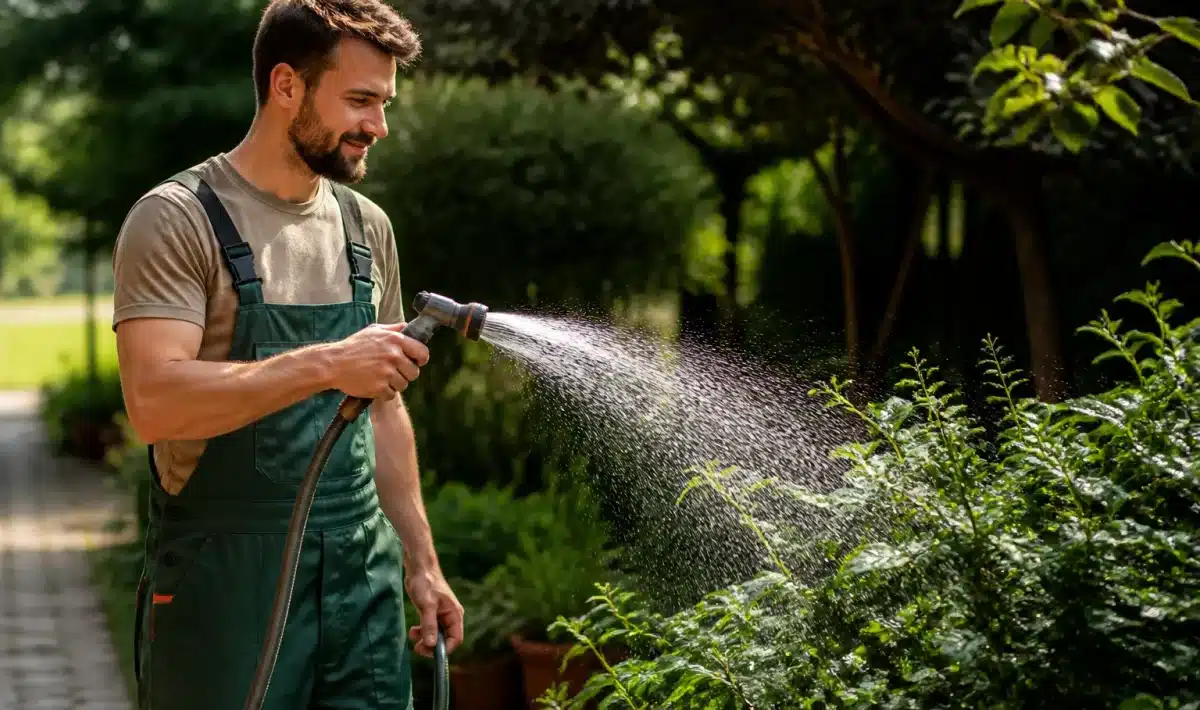 Jardinier tenant tuyau arrosage dirigé vers plantes vertes