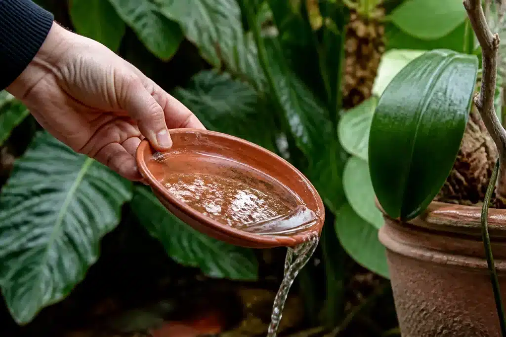 Main qui vide une soucoupe remplie d'eau stagnante