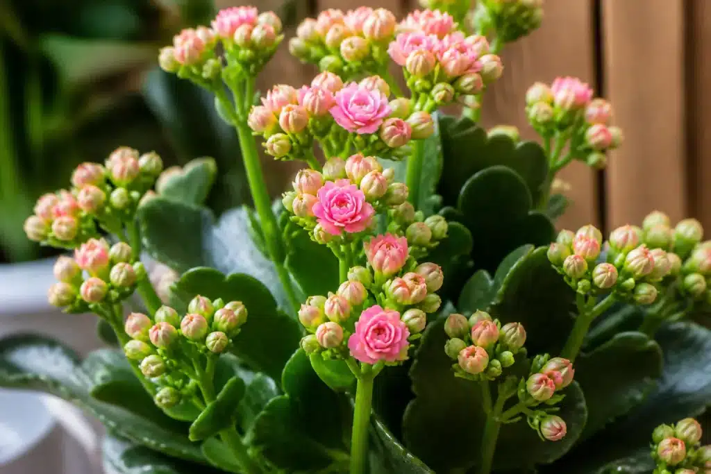 Plante aux tiges vertes avec boutons floraux roses éclosant