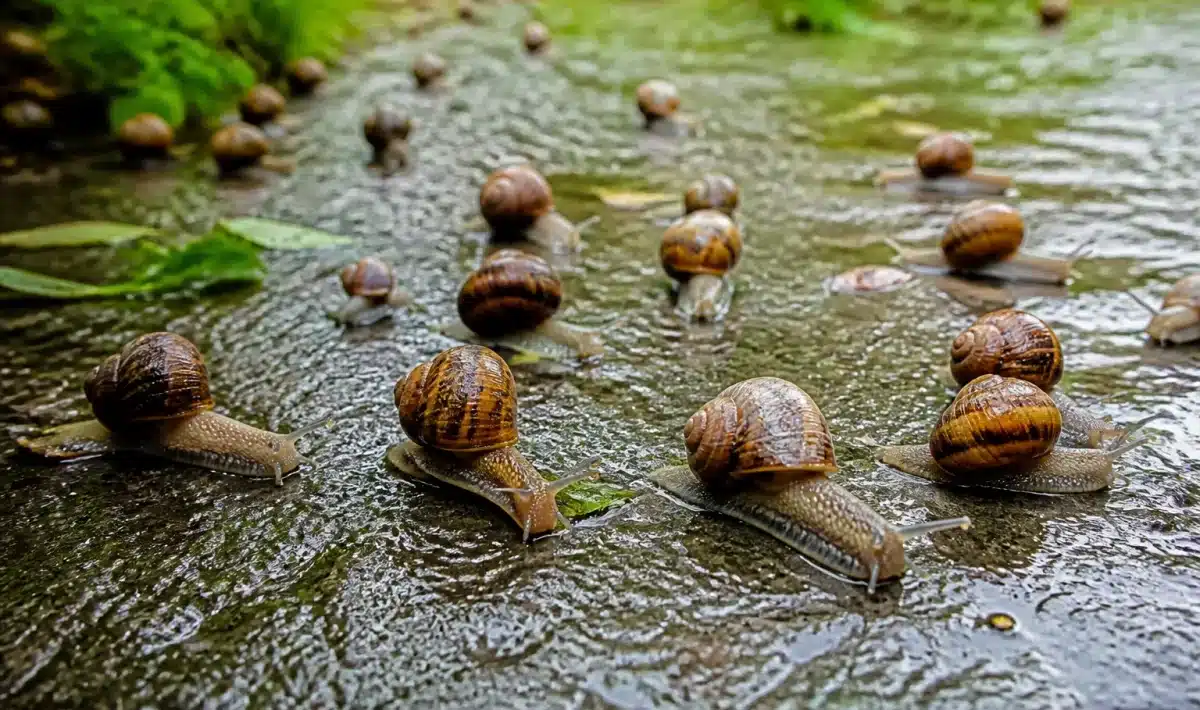 Nombreux escargots glissant sur sol humide apres pluie