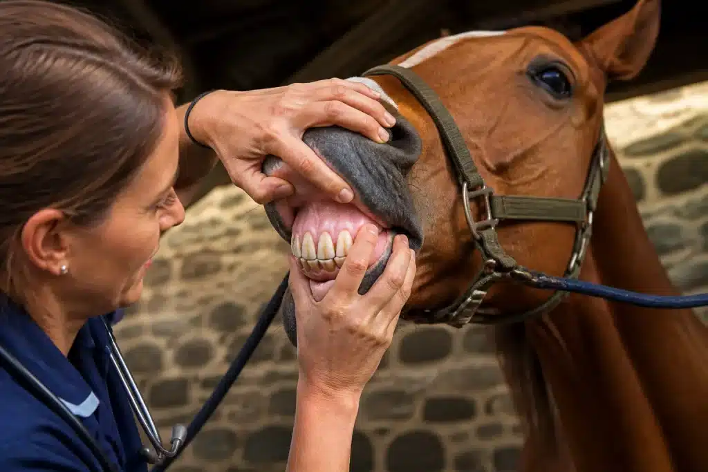 Veterinarian examining horse teeth with fingers separating lips