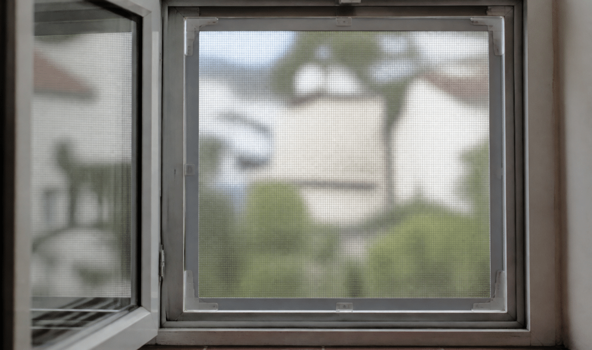 Filet metallique transparent fixe sur cadre fenetre ouvert