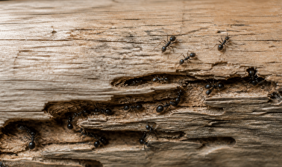 Fourmis noires creusant galeries dans bois clair horizontal