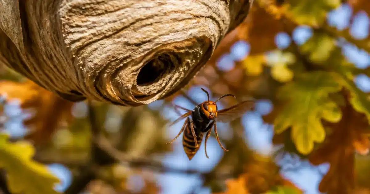 Frelon asiatique agressif suspendu près de nid papier en automne