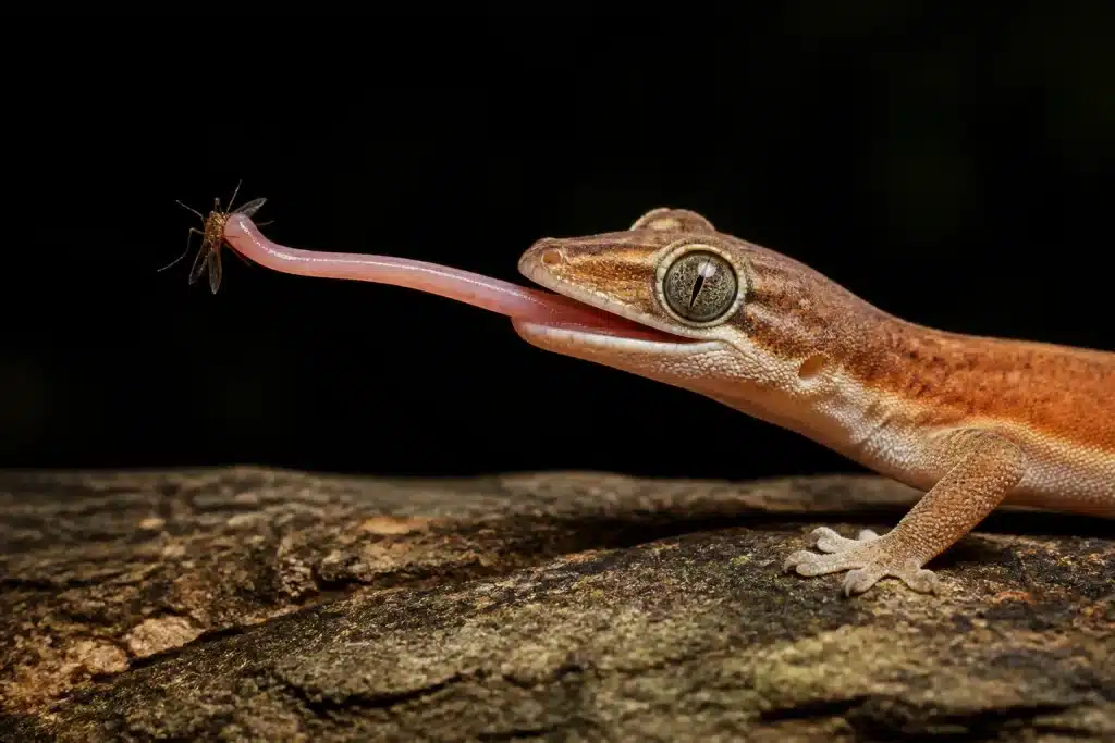 Gecko nocturne attrapant moustique avec sa langue allongée