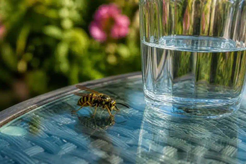Guepe pres verre table exterieure pique danger