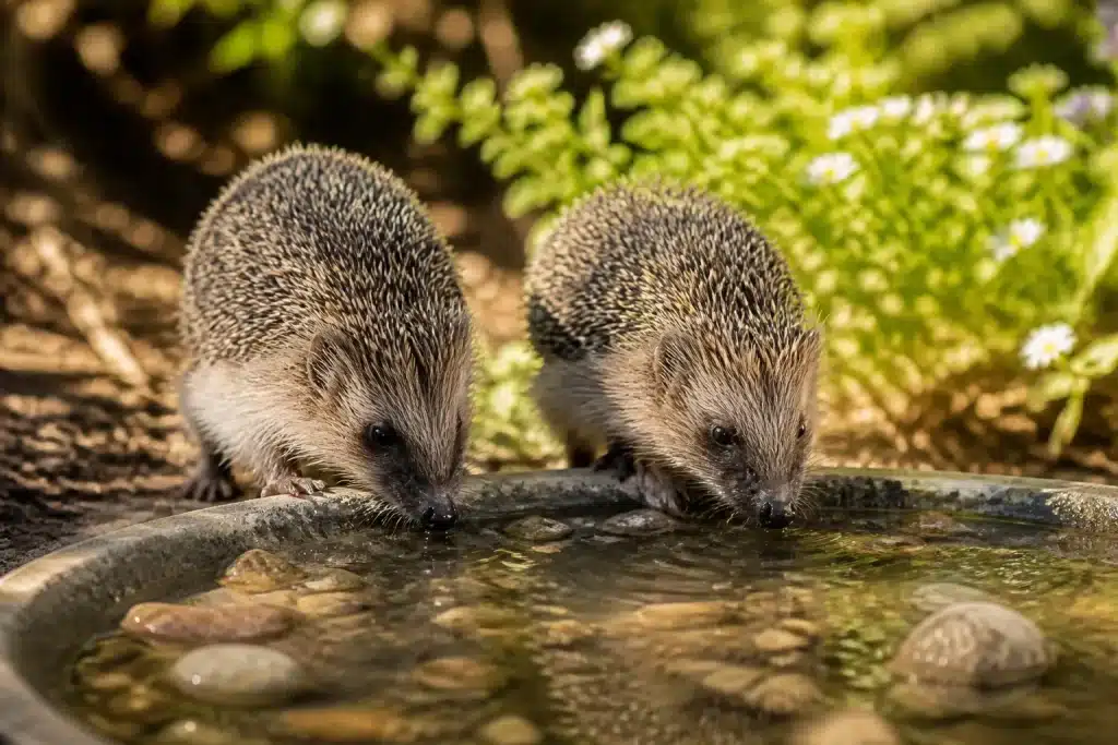 Bassin d'eau peu profond herissons boivent pendant chaleur