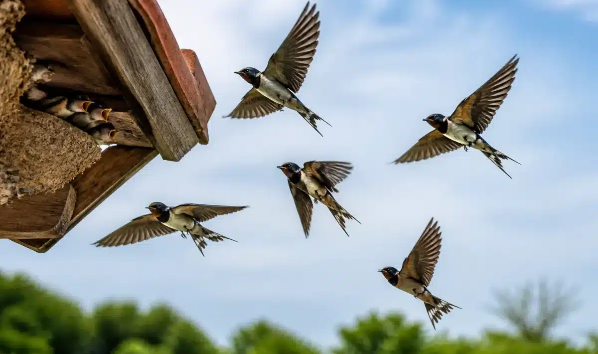 Hirondelles en vol groupé quittant le nid tôt