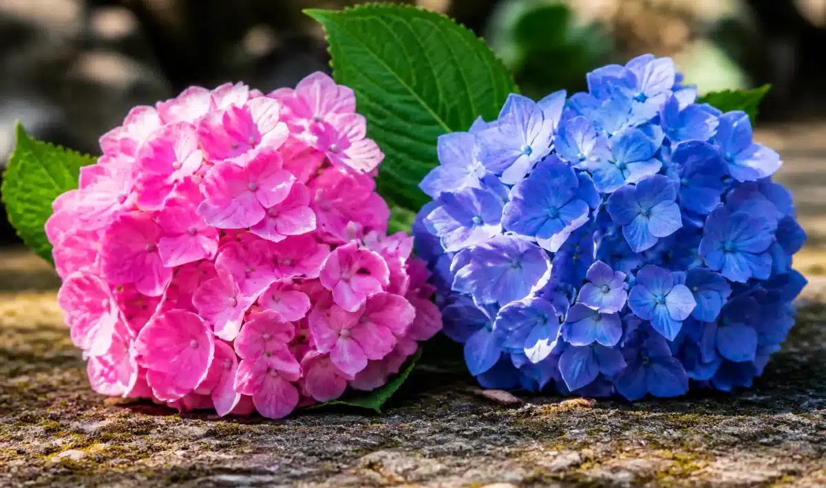 Fleurs d'hortensia rose et bleue cote a cote sol