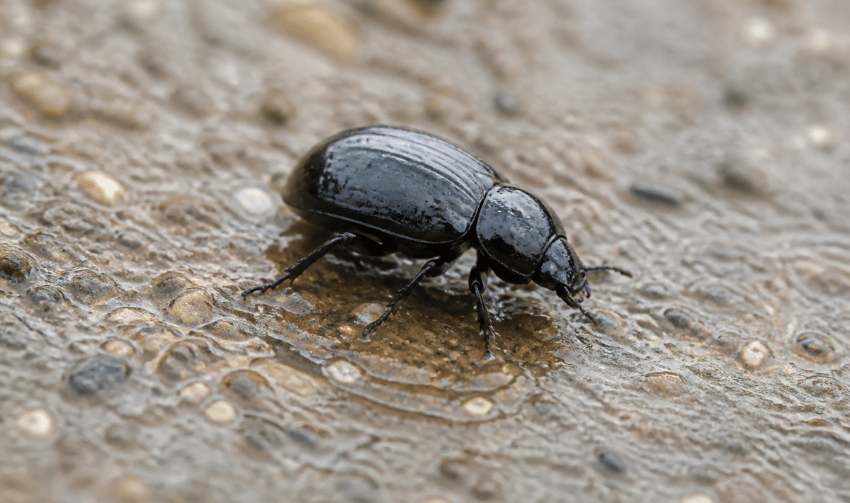 Insecte noir brillant posé sur surface humide et mouillée