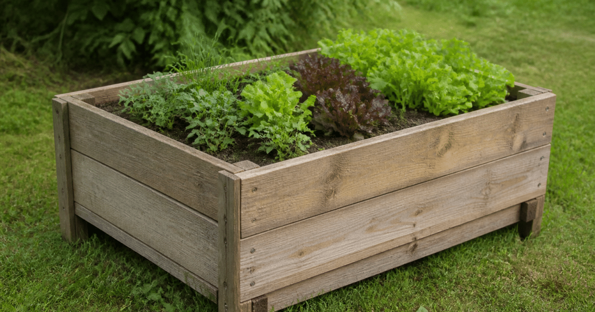 Planches bois assembles formant bac rectangular sureleve pour plantes