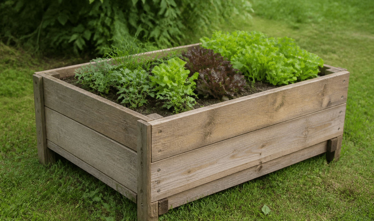 Planches bois assembles formant bac rectangular sureleve pour plantes