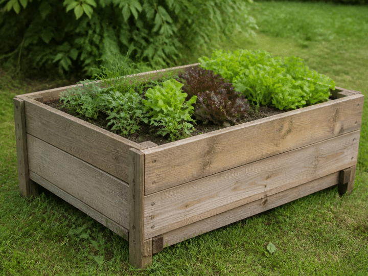 Planches bois assembles formant bac rectangular sureleve pour plantes