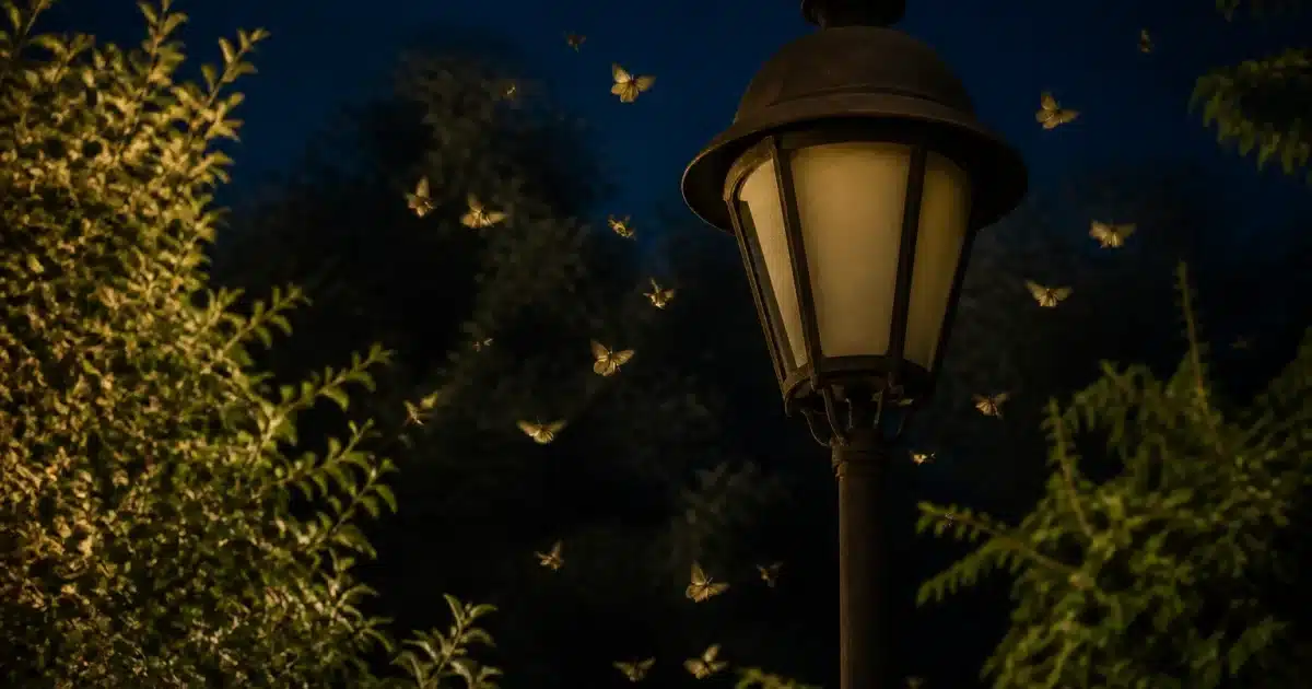 Lampadaire éteint la nuit avec papillons volant autour