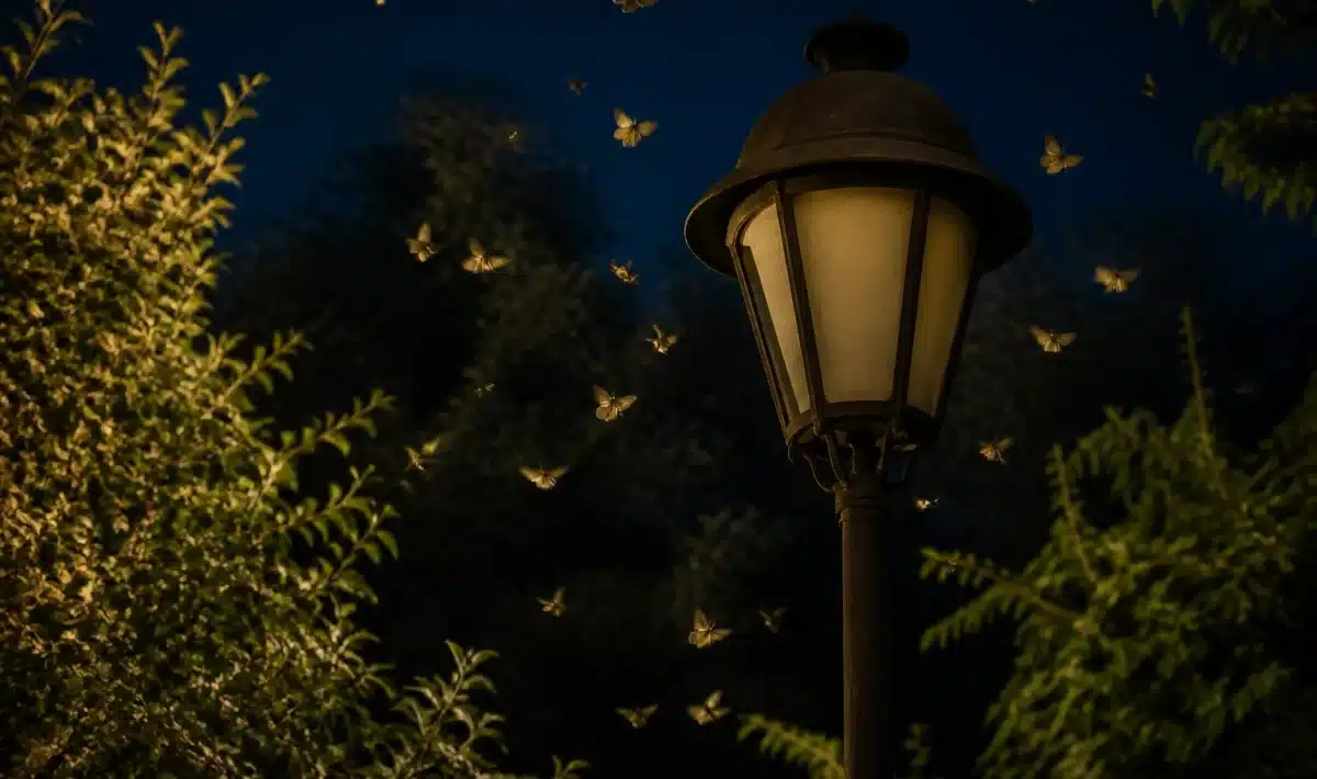 Lampadaire éteint la nuit avec papillons volant autour