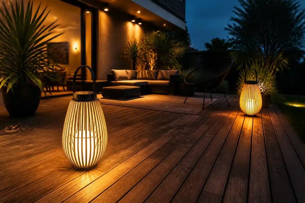 Lampes jardin allumees la nuit eclairant terrasse