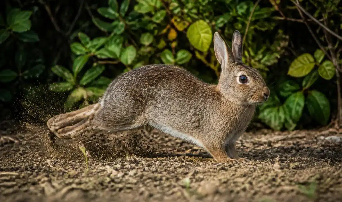 Lapin gris assis qui frappe le sol avec ses pattes arriere