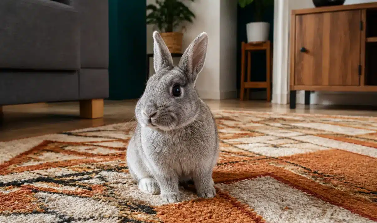 Petit lapin gris assis sur tapis interieur maison
