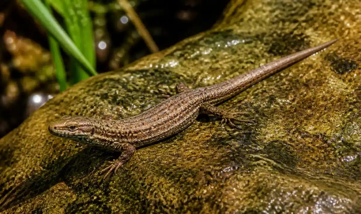 Petit lezard brun positionne sur pierre humide dans jardin