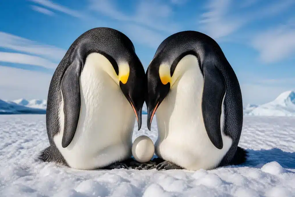 Deux manchots couvant un oeuf blanc sur la glace
