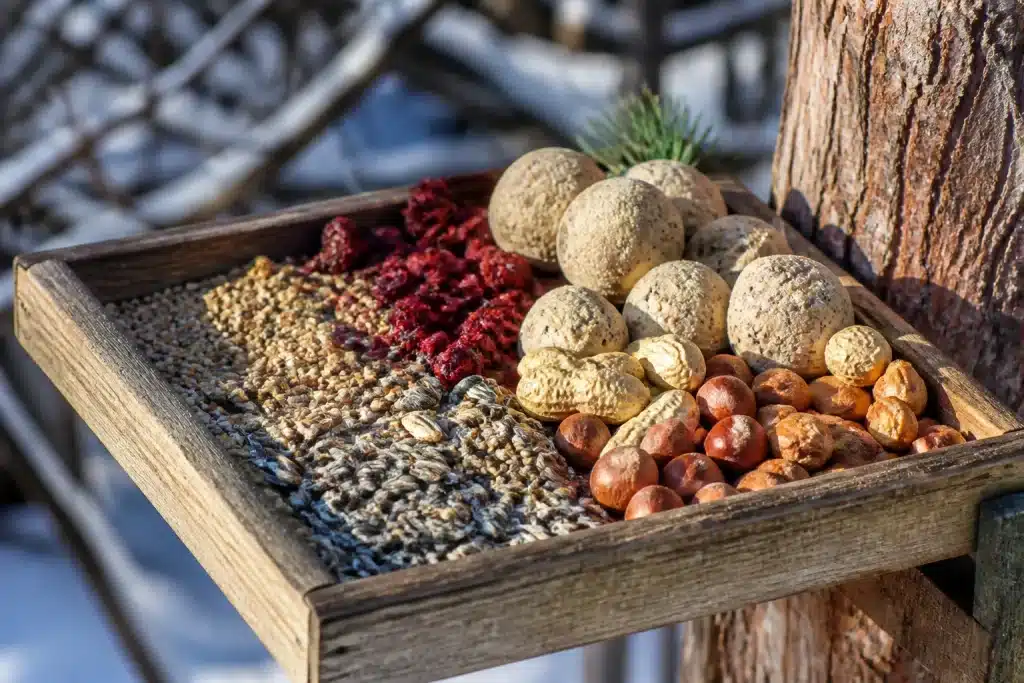 Mangeoire hivernale remplie de graines, fruits secs et boules de graisse