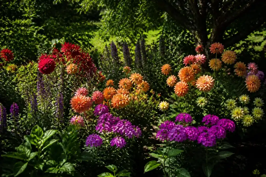 Massif de fleurs avec ombre partielle en milieu de journee